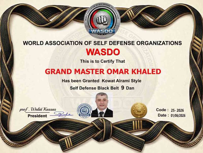 الغراند ماستر عمر خالد يتوج بالحزام الأسود التاسع ويشكر رئيس الاتحاد الدولي WADSO 